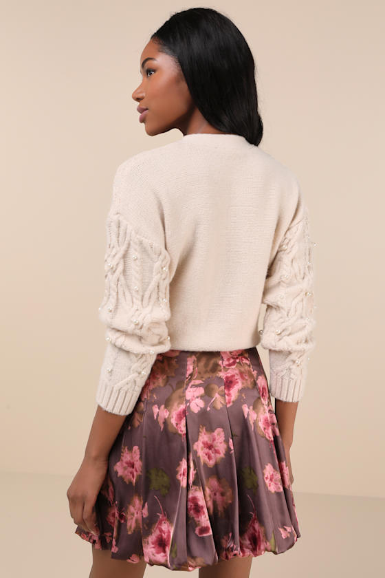 LULUS DARLING CURATION DARK MAUVE FLORAL BUBBLE-HEM MINI SKIRT