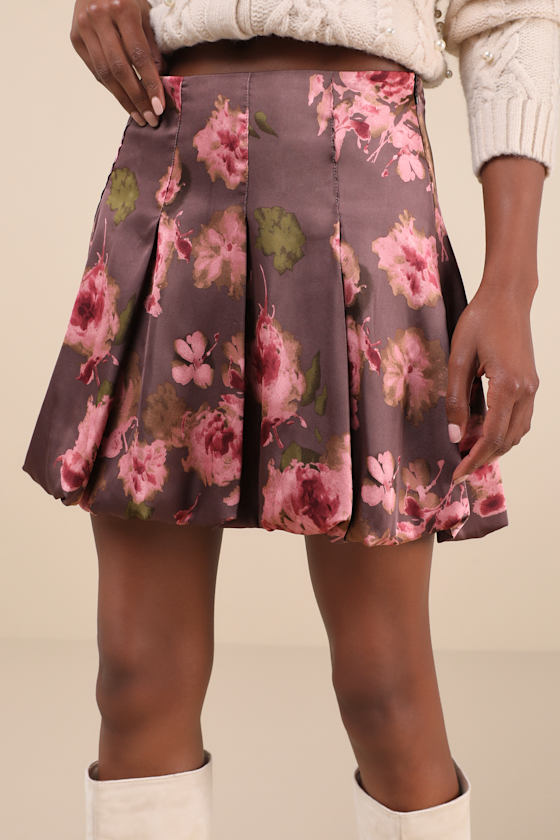 LULUS DARLING CURATION DARK MAUVE FLORAL BUBBLE-HEM MINI SKIRT