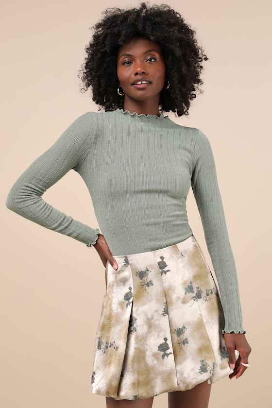 Lulus Darling Curation Olive Mottled Floral Bubble-hem Mini Skirt In Green