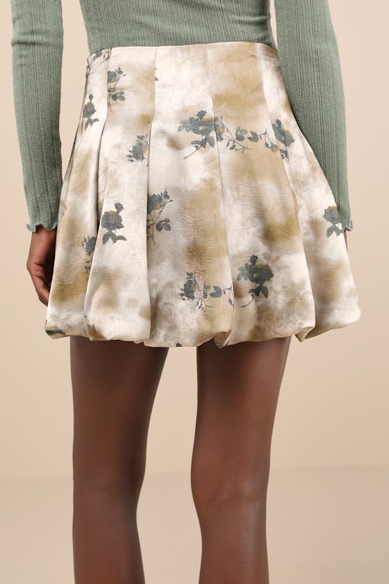 Lulus Darling Curation Olive Mottled Floral Bubble-hem Mini Skirt In Green
