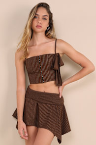 Pinstriped Brown Fuzzy Handkerchief Mini Skirt 1