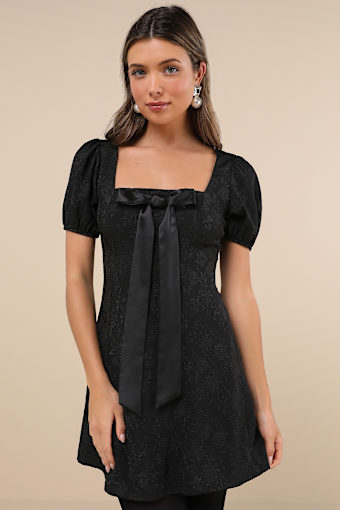 Polished Sweetie Black Jacquard Bow Puff Sleeve Mini Dress 1