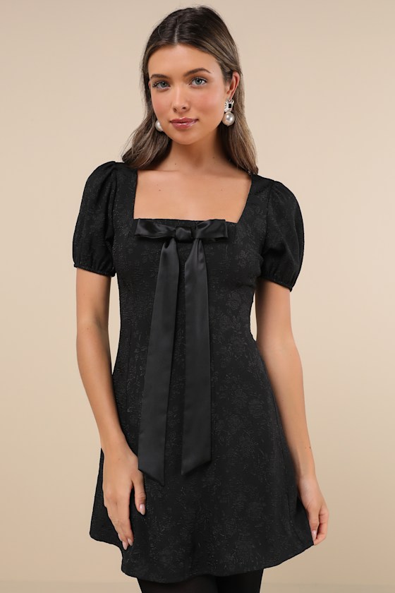 Polished Sweetie Black Jacquard Bow Puff Sleeve Mini Dress 1