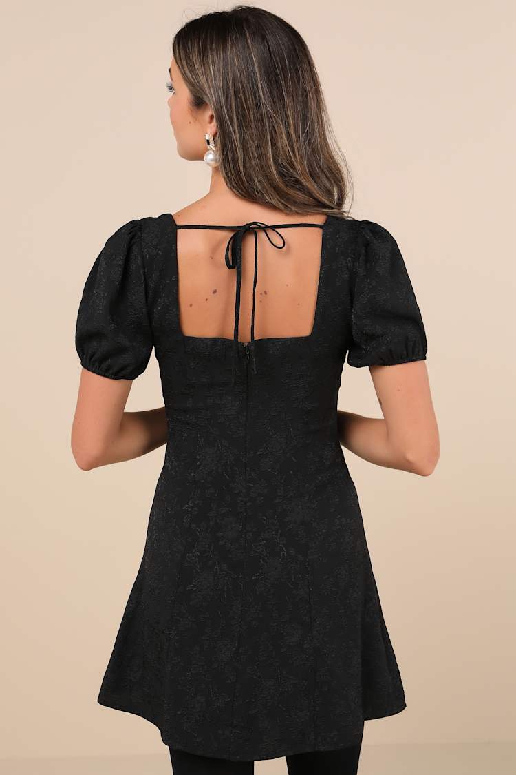 Black Floral Jacquard Dress - Bow Mini Dress - Puff Sleeve Dress - Lulus
