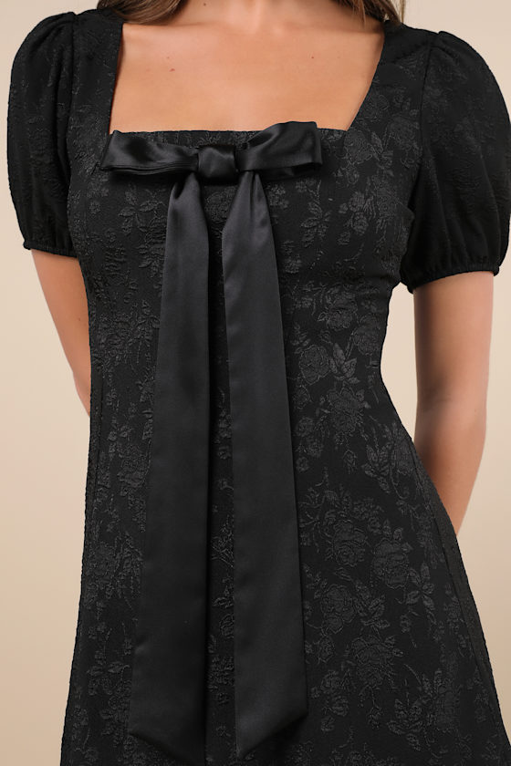 Polished Sweetie Black Jacquard Bow Puff Sleeve Mini Dress - thumbnail 4