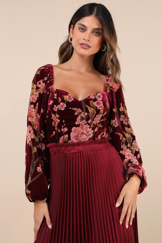 Luxe Romance Burgundy Velvet Floral Burnout Long Sleeve Bodysuit 1