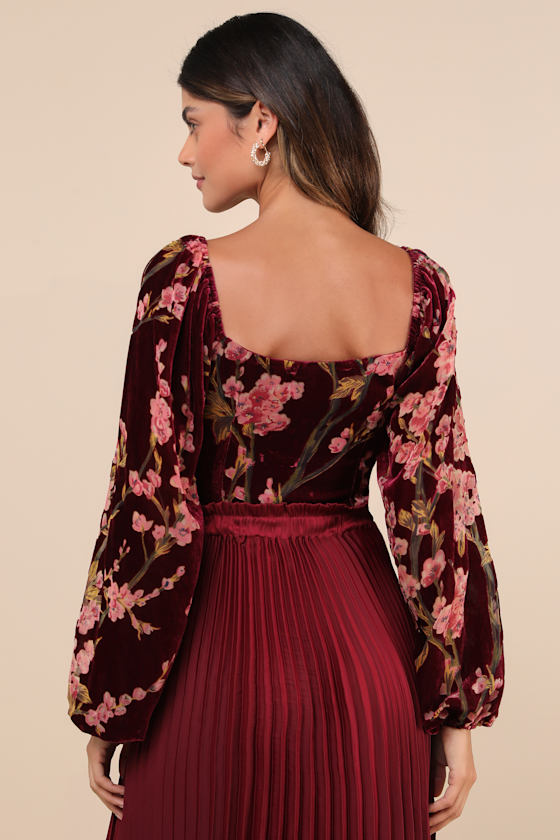Luxe Romance Burgundy Velvet Floral Burnout Long Sleeve Bodysuit 2