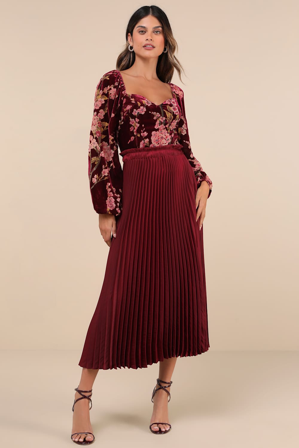 Luxe Romance Burgundy Velvet Floral Burnout Long Sleeve Bodysuit