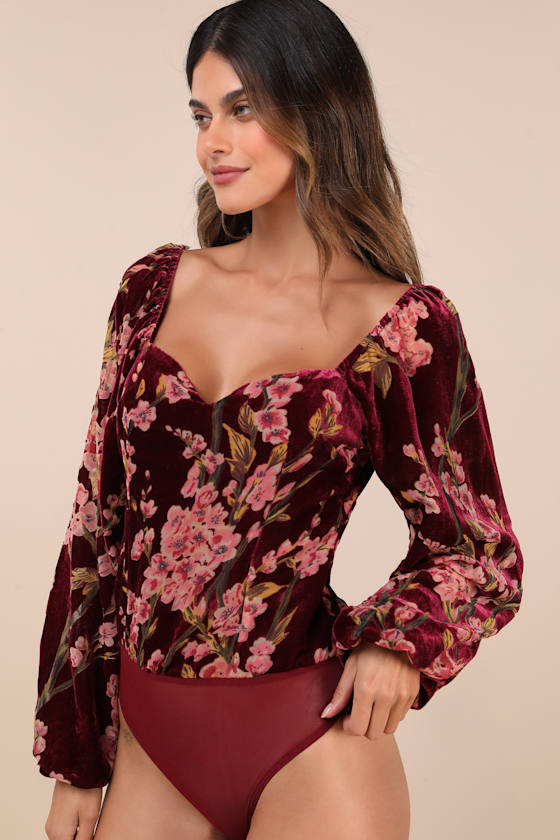 Lulus Luxe Romance Burgundy Velvet Floral Burnout Long Sleeve Bodysuit In Burgundy