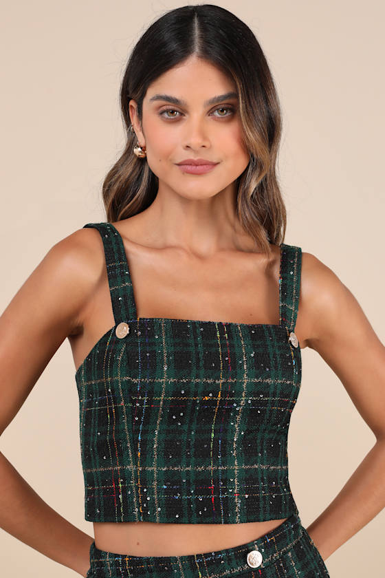 Adorably Posh Dark Green Multi Plaid Tweed Crop Top 5