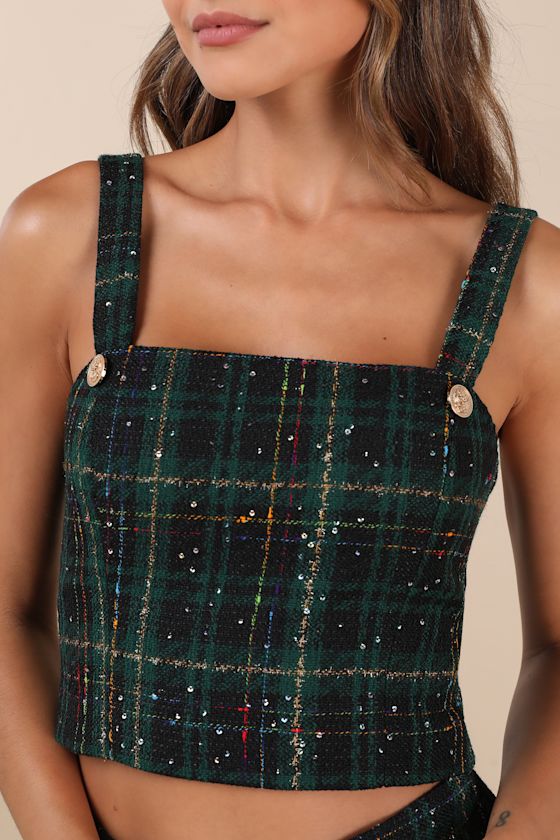 Lulus Adorably Posh Dark Green Multi Plaid Tweed Crop Top In Dark Green