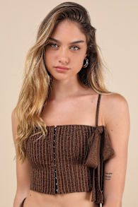 My Bow Brown Pinstriped Hook-and-Eye Lace-Up Cropped Cami Top 4