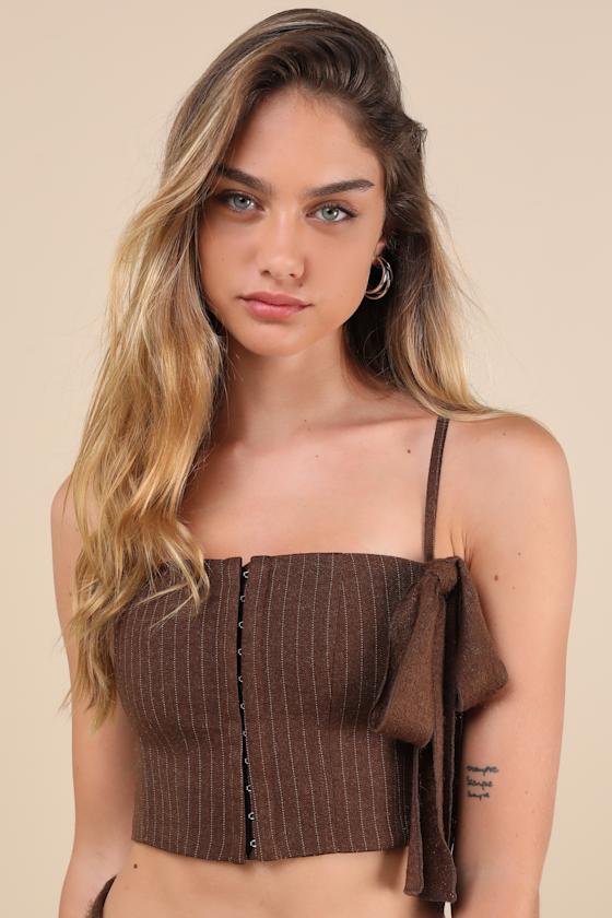 My Bow Brown Pinstriped Hook-and-Eye Lace-Up Cropped Cami Top 4