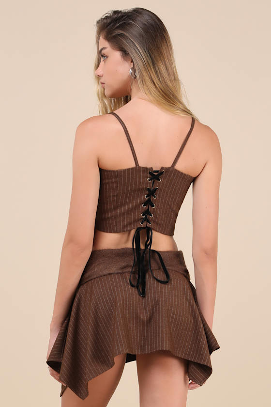 My Bow Brown Pinstriped Hook-and-Eye Lace-Up Cropped Cami Top