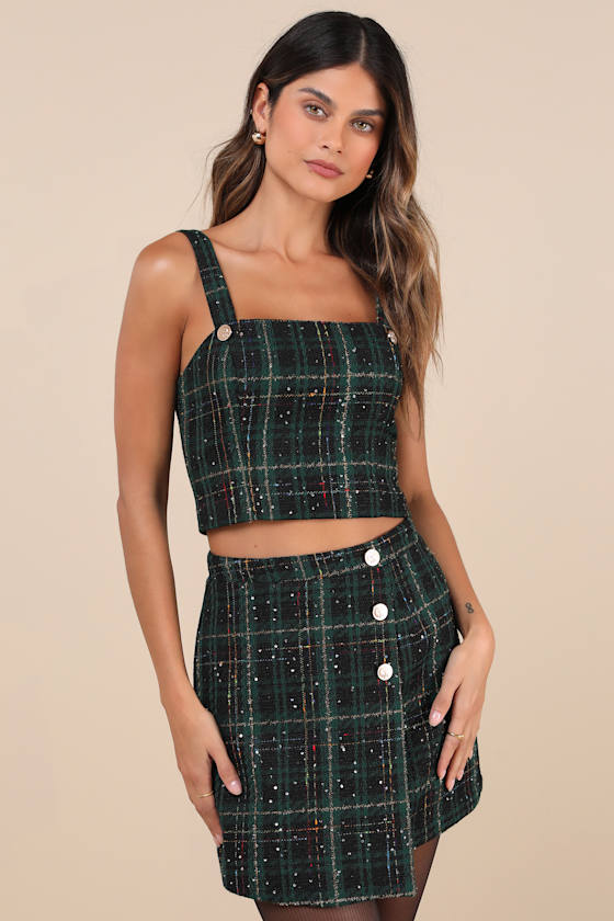 Lulus Adorably Posh Dark Green Multi Plaid Tweed Faux-wrap Mini Skirt In Dark Green