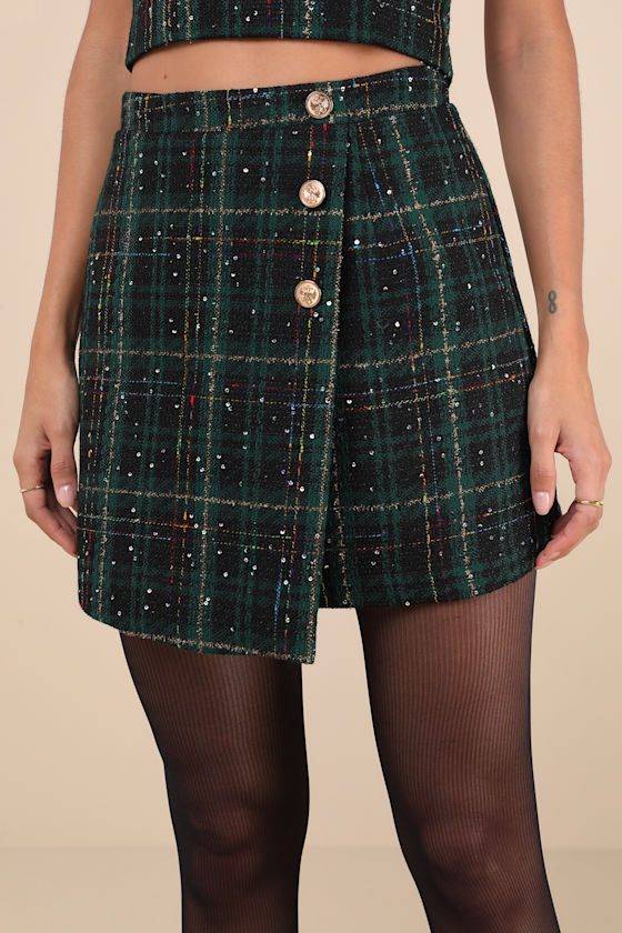 Lulus Adorably Posh Dark Green Multi Plaid Tweed Faux-wrap Mini Skirt In Dark Green