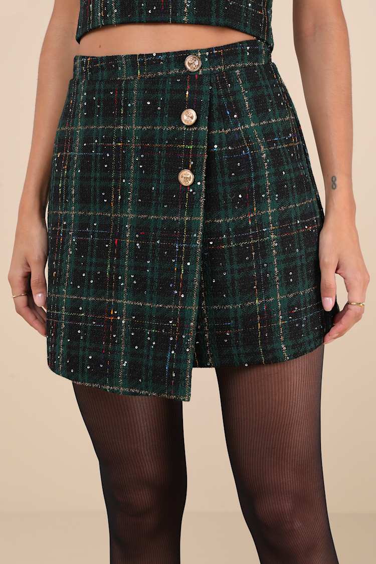 Adorably Posh Dark Green Multi Plaid Tweed Faux-Wrap Mini Skirt