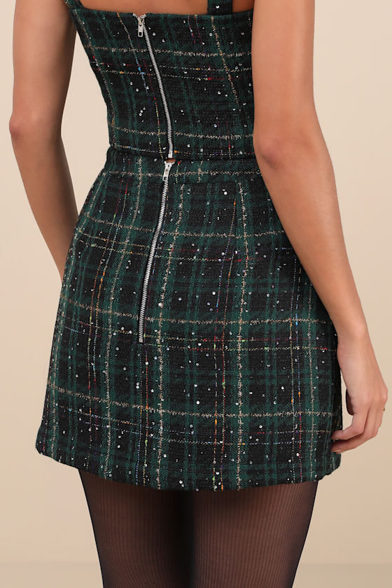 Lulus Adorably Posh Dark Green Multi Plaid Tweed Faux-wrap Mini Skirt In Dark Green