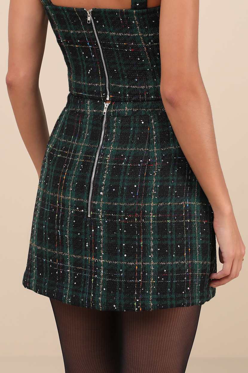 Adorably Posh Dark Green Multi Plaid Tweed Faux-Wrap Mini Skirt
