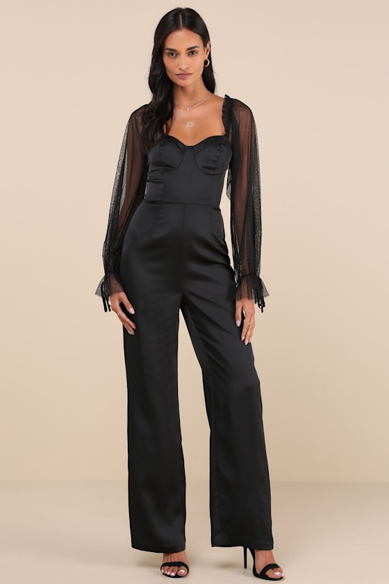Lulus Gracefully Modern Black Satin Mesh Long Sleeve Bustier Jumpsuit In Black