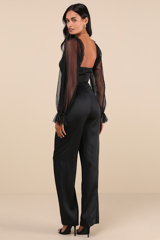 Lulus Gracefully Modern Black Satin Mesh Long Sleeve Bustier Jumpsuit In Black