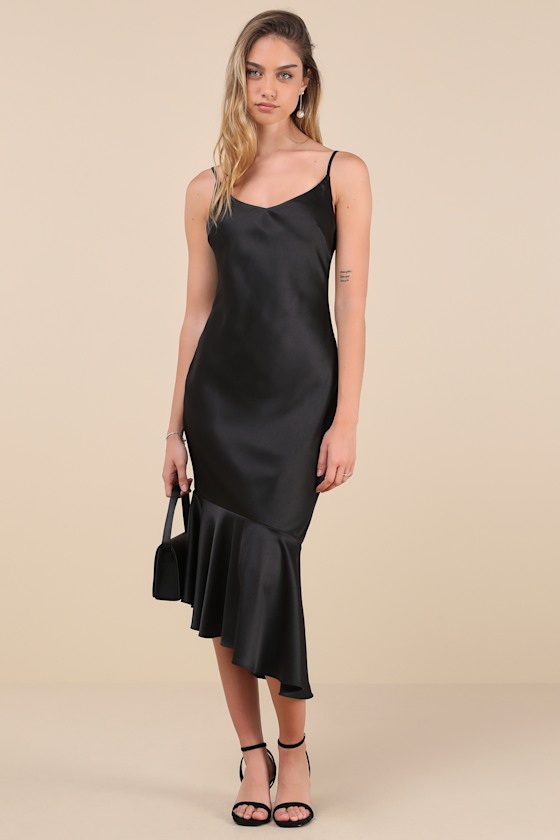 Strictly Romance Black Satin Asymmetrical Tiered Midi Dress 3