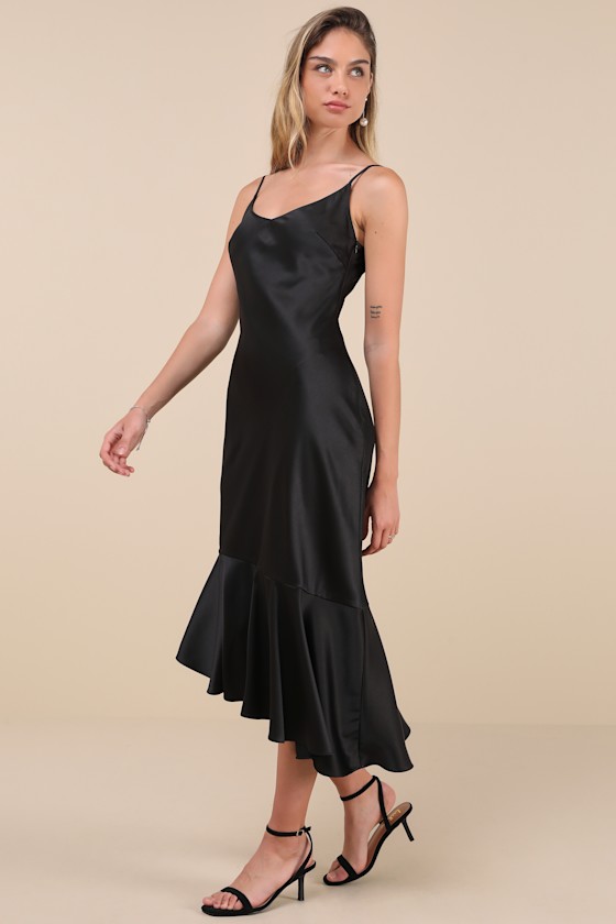 Strictly Romance Black Satin Asymmetrical Tiered Midi Dress 2