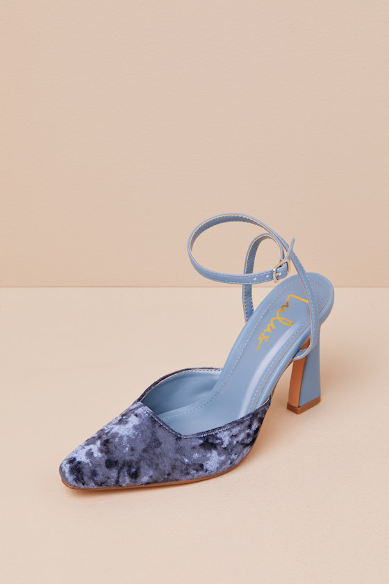 Lulus Jannice Midnight Blue Crushed Velvet Ankle Wrap Heels In Midnight Blue