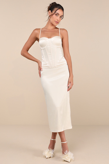 Cream Satin Dress Two-Piece Midi Dress Bustier Column Dress