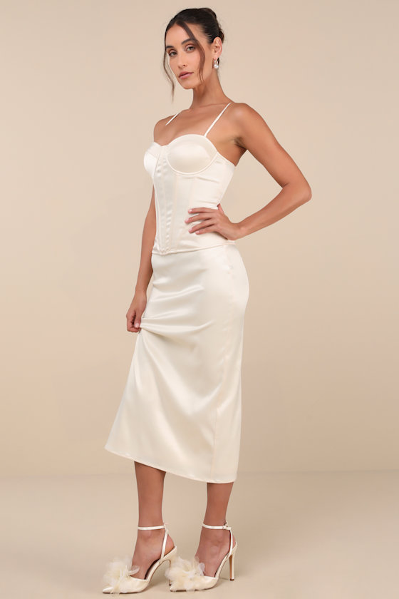 Lulus Alluring Duo Cream Satin Bustier Two-piece Bustier Midi Dress In White