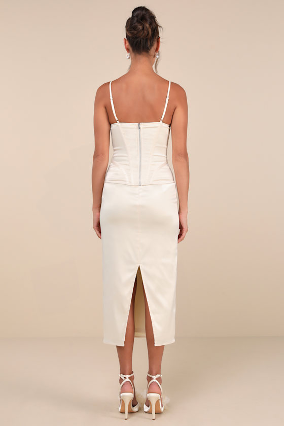 Lulus Alluring Duo Cream Satin Bustier Two-piece Bustier Midi Dress In White