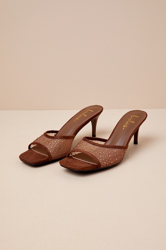 Lulus Delannie Brown Suede Mesh Rhinestone High Heel Slide Sandals In Brown