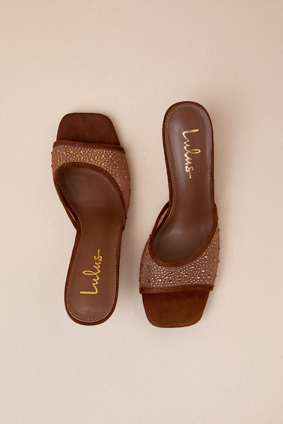 Lulus Delannie Brown Suede Mesh Rhinestone High Heel Slide Sandals In Brown