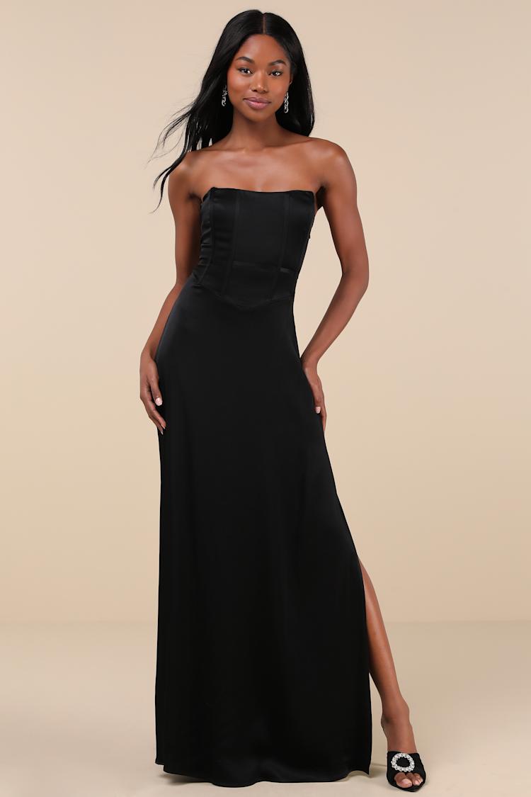 Extraordinary Presence Black Satin Strapless Maxi Dress