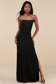 Extraordinary Presence Black Satin Strapless Maxi Dress 4