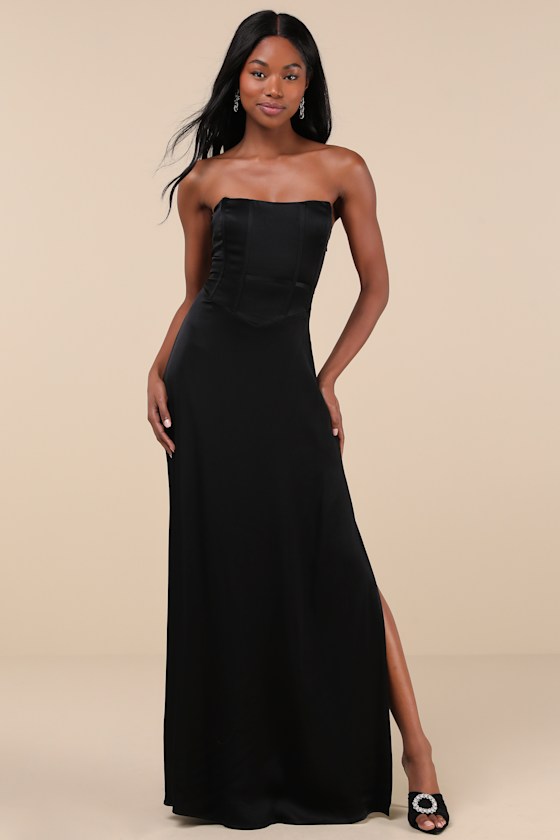 Extraordinary Presence Black Satin Strapless Maxi Dress 4