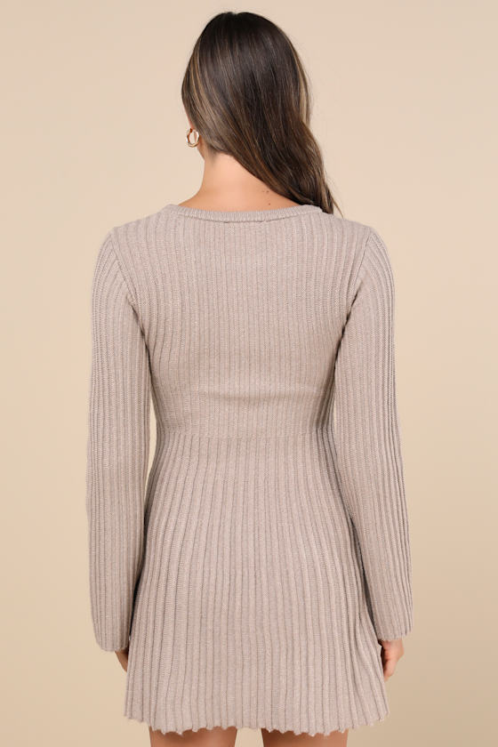 Lulus Convincing Poise Beige Ribbed Long Sleeve Skater Mini Dress In Beige