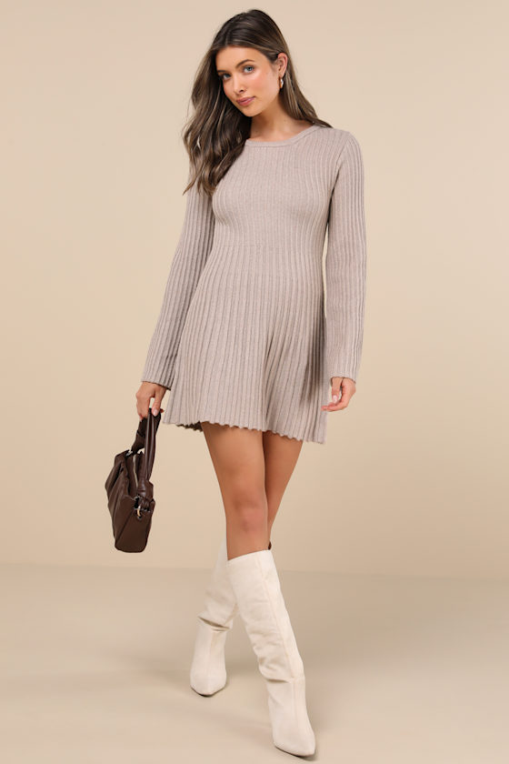 Lulus Convincing Poise Beige Ribbed Long Sleeve Skater Mini Dress In Beige