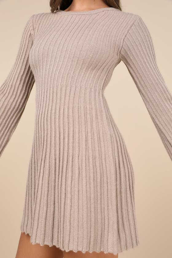 Lulus Convincing Poise Beige Ribbed Long Sleeve Skater Mini Dress In Beige