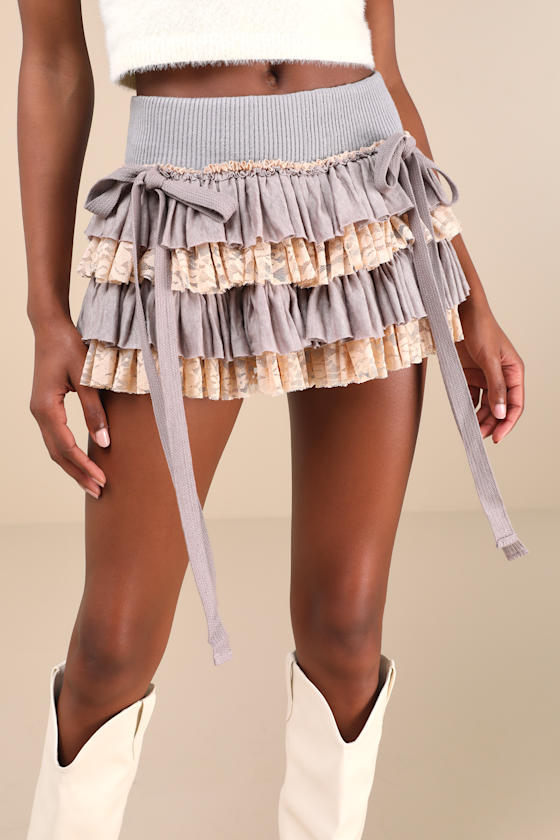 Shop Zemeta Baby Rag Doll Taupe Tiered Lace Raw Hem Bow Mini Skirt