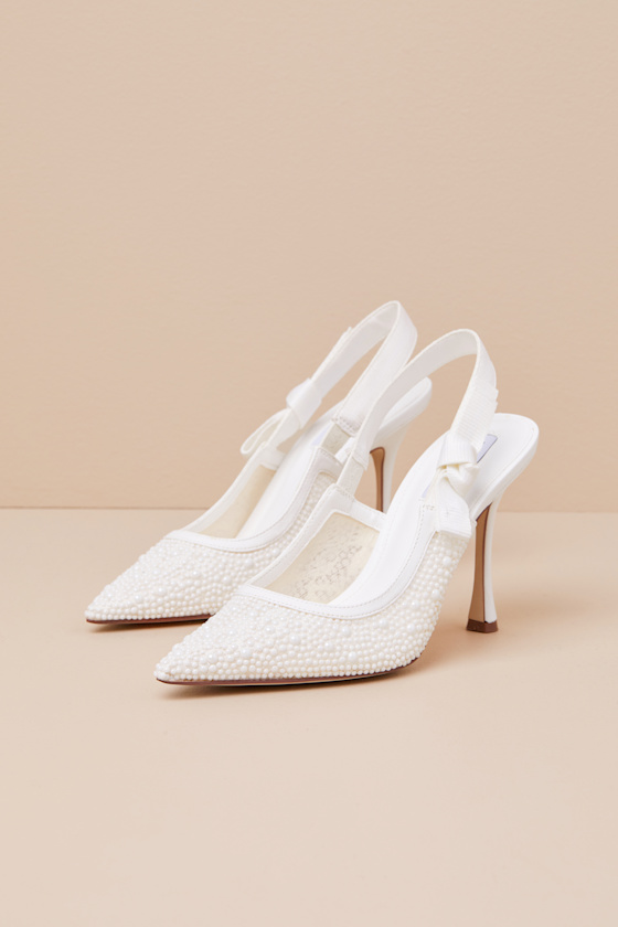 Bri White Lace Pearl Ribbon Pointed-Toe Slingback Pumps 1