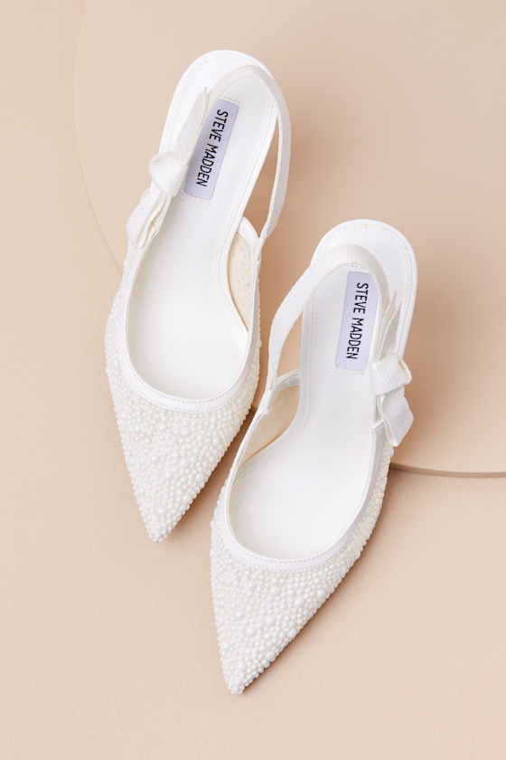 Steve Madden Bri White Lace Pearl Ribbon Pointed-toe Slingback Pumps In White