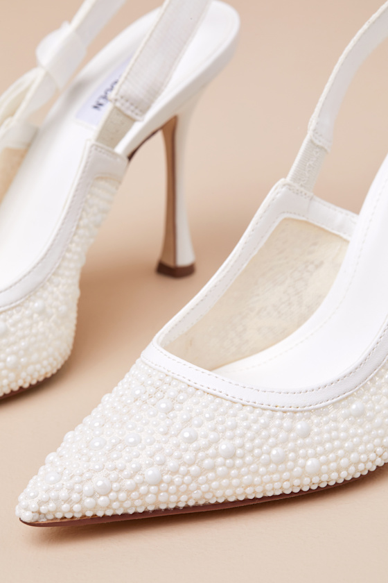 Steve Madden Bri White Lace Pearl Ribbon Pointed-toe Slingback Pumps In White