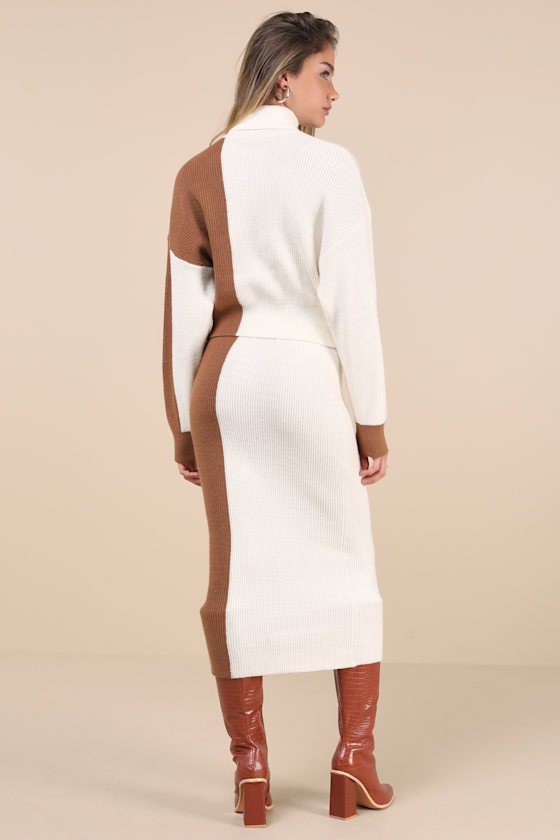 Lulus Cozy Sophisticate Ivory And Tan Two-piece Sweater Midi Dress In Tan