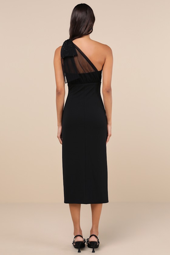 LULUS ELEGANT INDICATION BLACK MESH PEARL ONE-SHOULDER MIDI DRESS