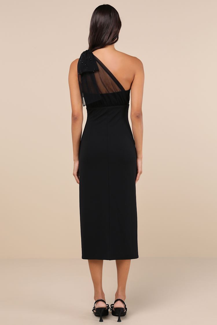 Elegant Indication Black Mesh Pearl One-Shoulder Midi Dress