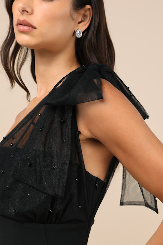 LULUS ELEGANT INDICATION BLACK MESH PEARL ONE-SHOULDER MIDI DRESS