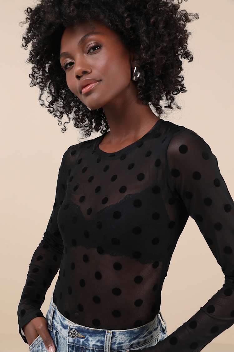 NIA Fox Top - Black Sheer Mesh Top - Polka Dot Top - Sheer Top - Lulus