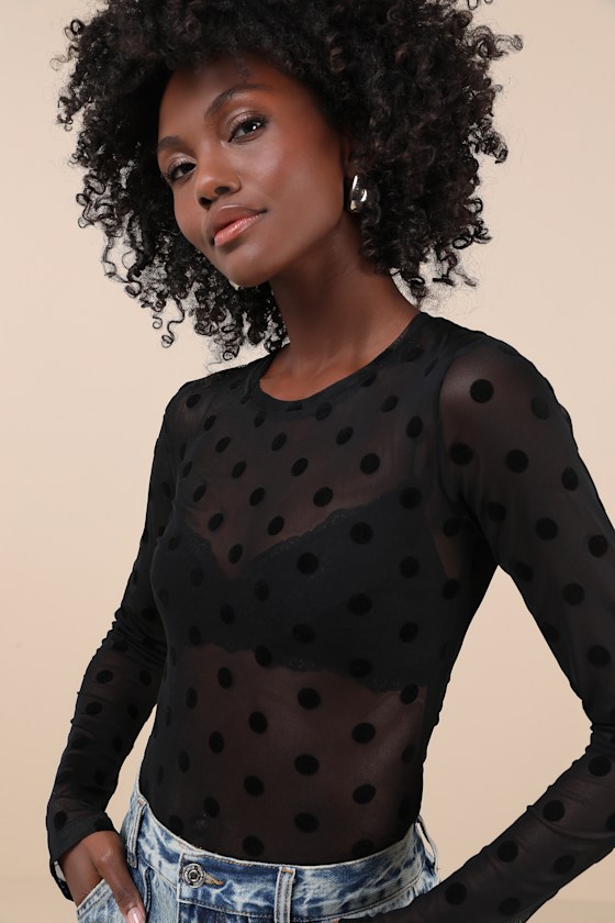 Fox Black Sheer Mesh Polka Dot Long Sleeve Top 3