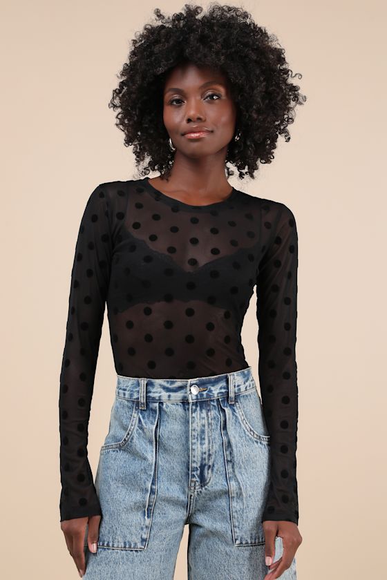 Fox Black Sheer Mesh Polka Dot Long Sleeve Top 4